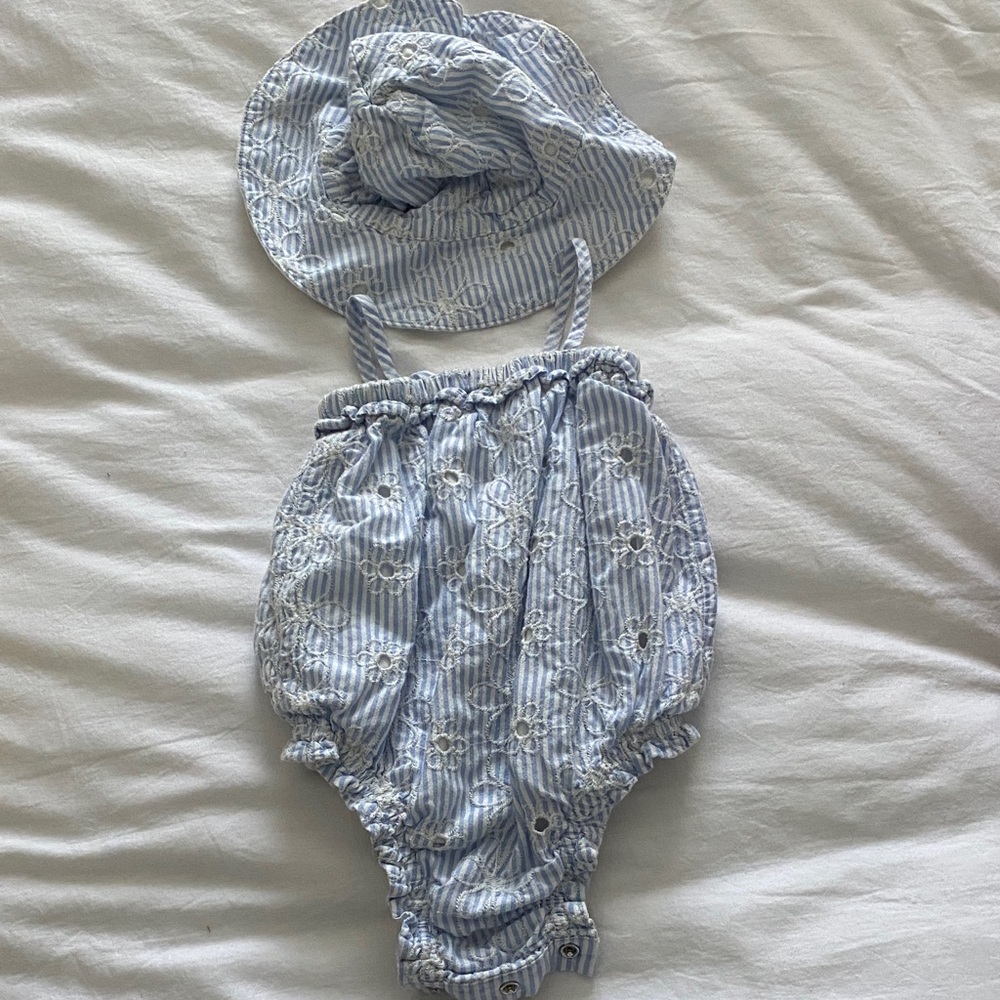 GAP Light Blue & White Striped Embroidered Baby Romper & Hat Set